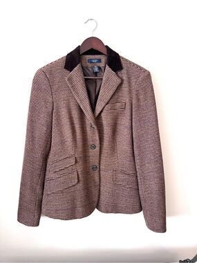 Chaps Women's Brown Houndstooth Blazer with Dark Velvet Collar